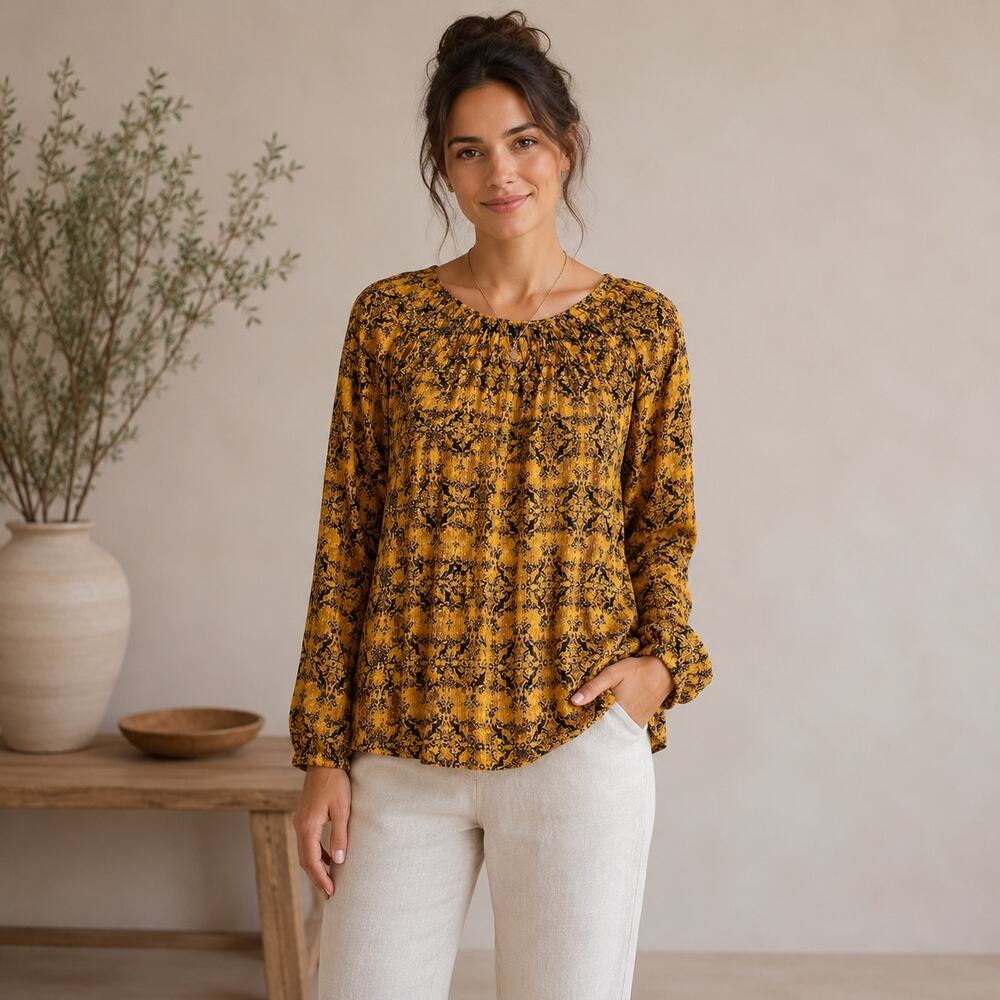 Sundance Gold Black Smocked Damask Print Long Sleeve Pop Over Top Medium